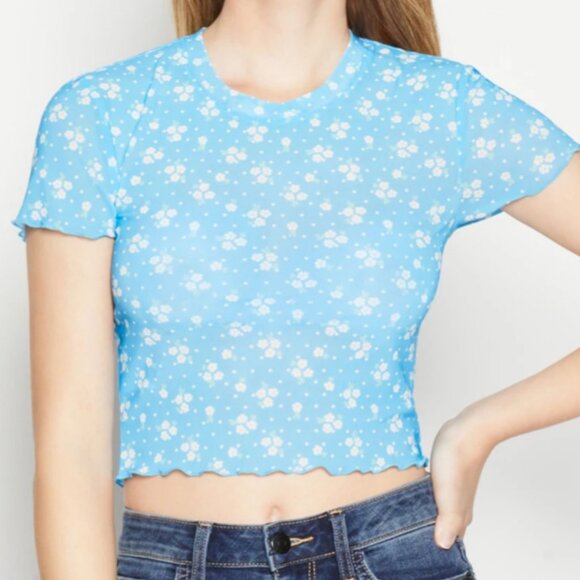 Retro BCBGeneration Sky Blue Baby Tee Crop Top Whimsigoth Floral Juniors Size L - Picture 1 of 9